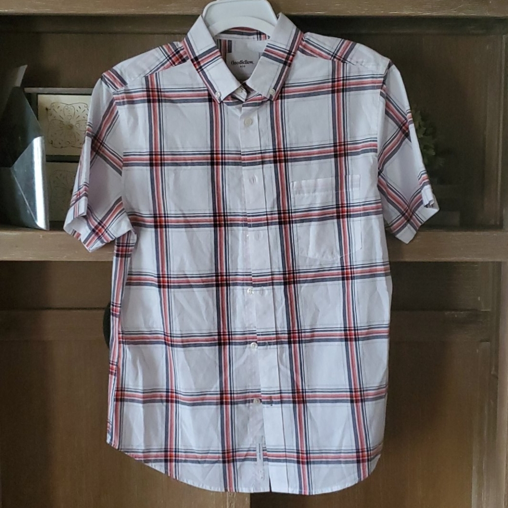 Short sleeve button down shirt white with orange s
